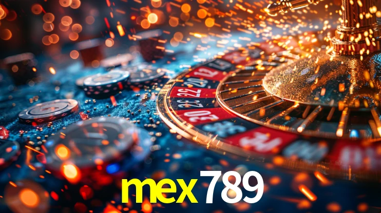 Una escena digital vívida inspirada en casino con mex789 mostrado prominentemente, luces brillantes, fichas, cartas y acentos dorados.