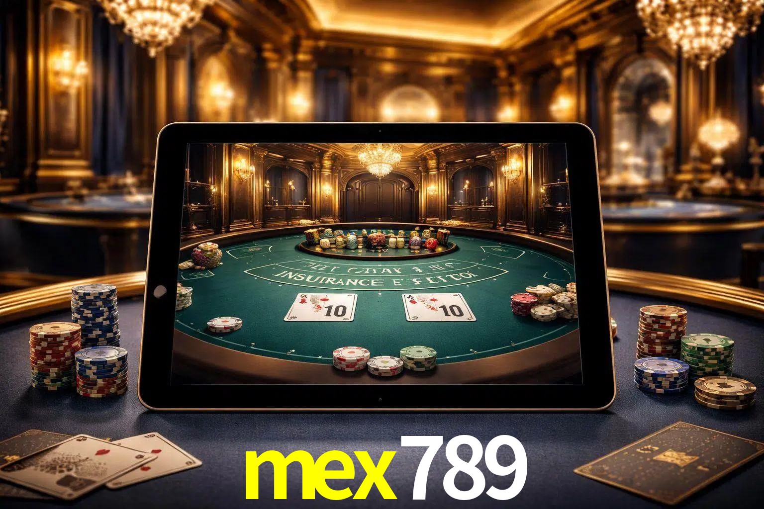 Configuración moderna de casino en vivo con una tableta mostrando una mesa de blackjack, luces cálidas de estudio y una atmósfera elegante de juegos digitales.