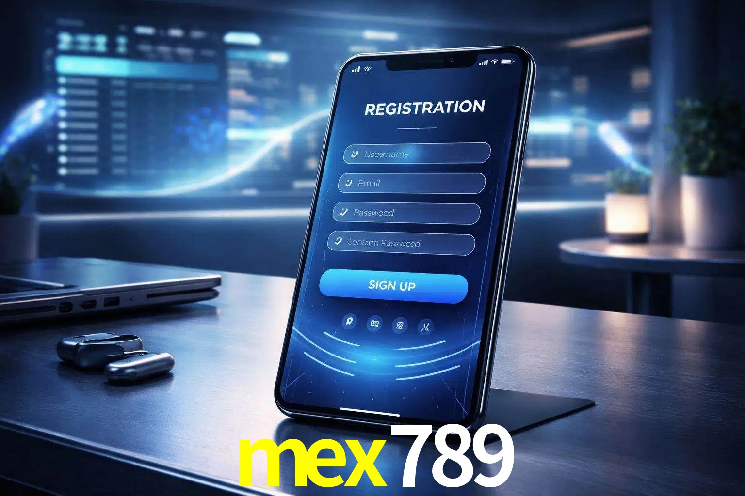 Una interfaz moderna de registro móvil para mex789 mostrada en un smartphone con un panel de apuestas elegante.